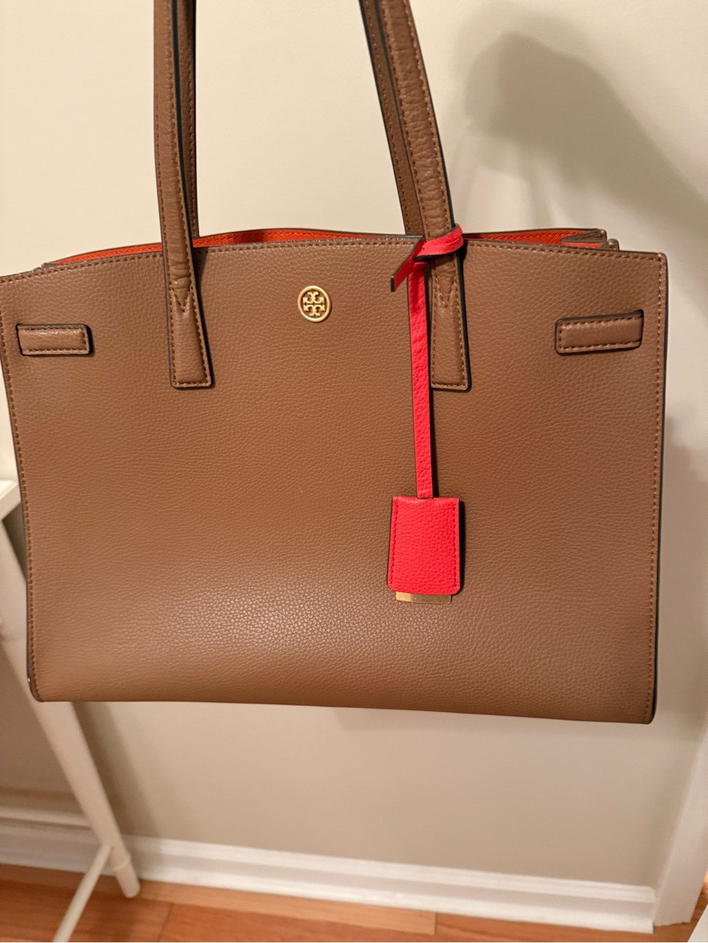 Tory Burch Brown Leather Walker Satchel with Orange Accent